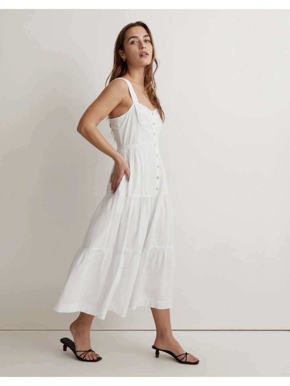 Madewell Button-Front Tiered Midi Dress Eyelet White Cotton Sweetheart Neck Pock